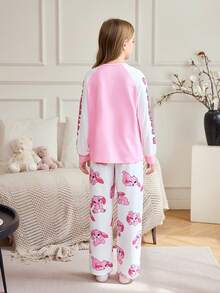 Tween Girl Pink And White Little Rabbit Pattern Splicing Long Sleeves And Printed Pants Set,Autumn Cute Sleep,Daily Home Leisure Comfortable Pajamas - Pink - View 3