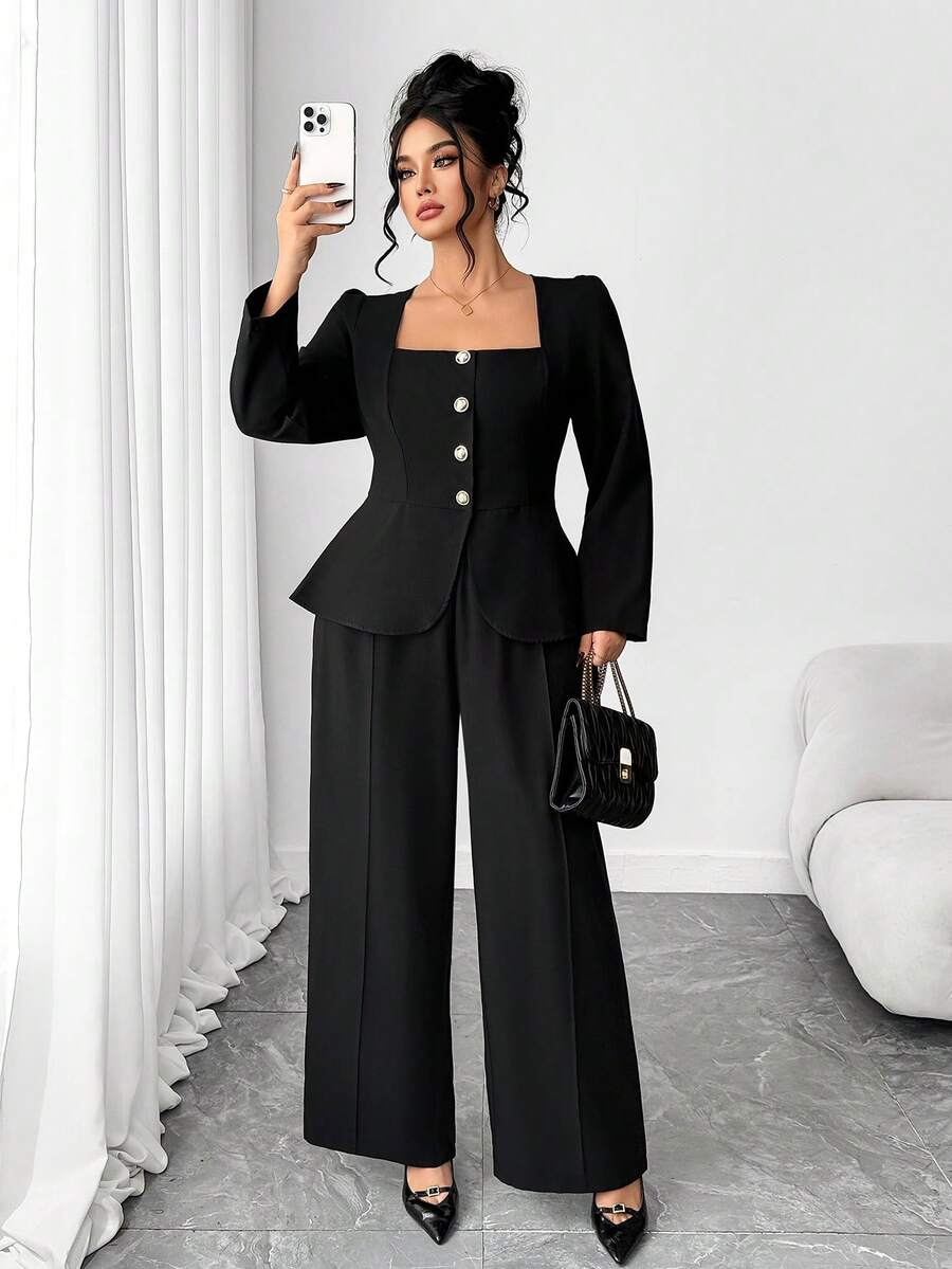 Elenzga 时尚休闲法式复古优雅通勤珍珠撞色翻领两件套 - 黑色 - 查看 1