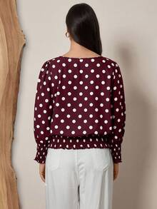 SHEIN LUNE Áo cánh tay dài cổ tròn in họa tiết chấm bi cỡ lớn cho ngày lễ - Đỏ - Xem 2