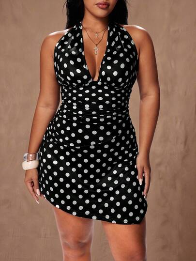 Rustia Party Plus Size Women's Black Polka Dot Print Halter V-Neck Backless Asymmetric Hem Mini Knit Dress, Suitable For Autumn Fashion, Airport Outfits, Birthday Party, Club Party, Formal Occasions, Wedding Guest Attire, Romantic
