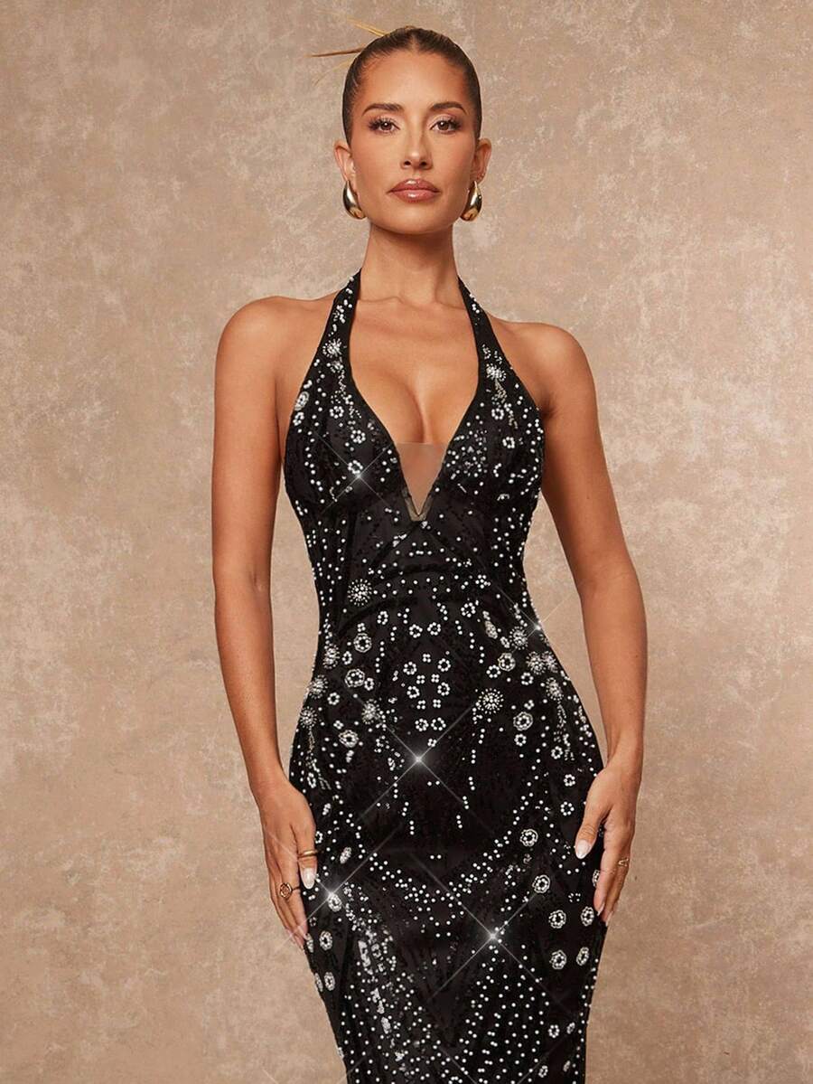 Lumalex Đầm đuôi cá cổ yếm đính sequin mùa thu đông thanh lịch, trang phục đen sang trọng, không thể thiếu cho các bữa tiệc, sự quyến rũ, sang trọng, phong cách mới, dành cho phụ nữ, dạ hội, tiệc tùng, tiệc chiêu đãi, kín đáo, sang trọng, lấp lánh, tiệc tùng ngày lễ, lễ hội, dã ngoại, kỳ nghỉ, ngoài trời, nhiều lớp, mùa cưới, tiệc tùng, ID Al-Adha, tiệc Al-Adha, năm mới, đầm sequin đen, đầm đen lấp lánh, đầm dạ hội, đầm quyến rũ, đầm dự tiệc thắt cà vạt đen, đầm Vegas, trang trí ngọc trai.