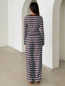 Aloruh Ensemble pyjama décontracté pour femme, comprenant un t-shirt col rond à manches longues rayé et un pantalon droit décontracté rayé. Convient pour le port quotidien, les sports, l'automne/l'hiver - Blanc - Voir 3