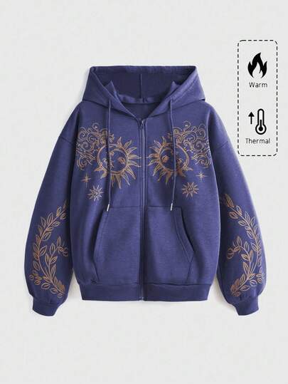 Plus Size Hippie Sun & Leaf Print Zip-Up Hoodie, School, Long Sleeve Top For Graduation, Back To School, Graduation Ceremony, Women Teachers, Back To School Sweatshirt, Plus Size Autumn/Winter Sweatshirt Top, Blue Purple Hoodie Jacket
