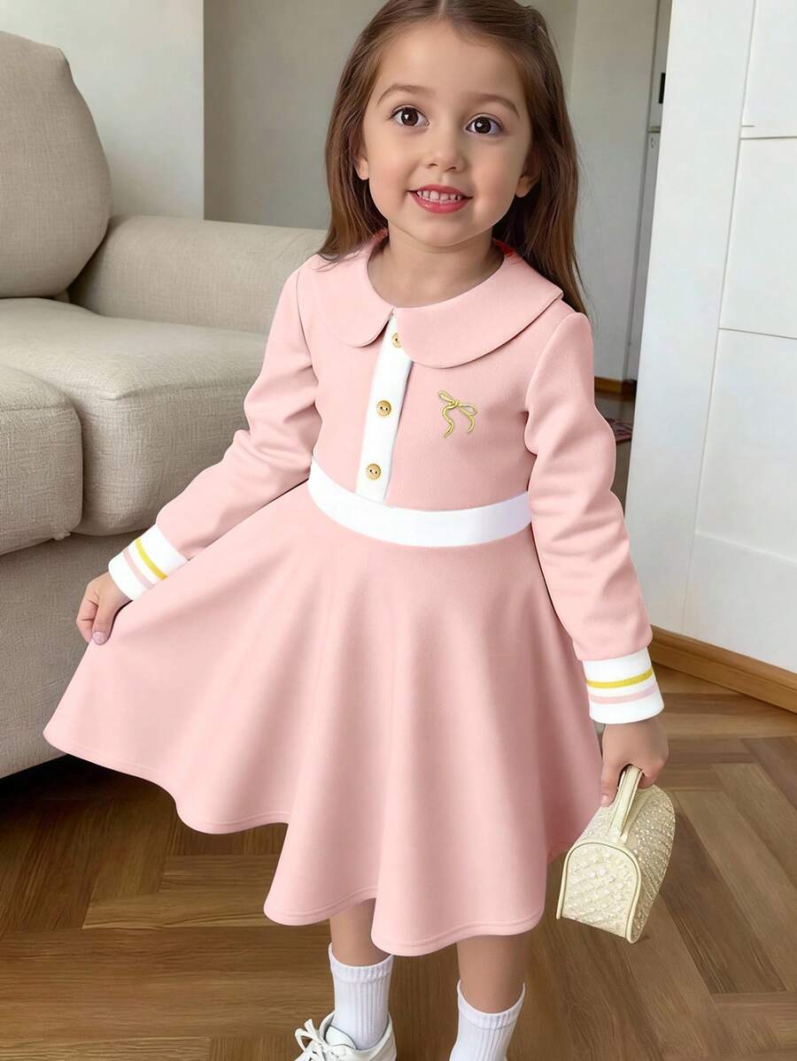 Souflis Souflis 1 pieza Vestido de punto casual con cuello y bloque de color bordado para niñas - Rosa - Ver 1