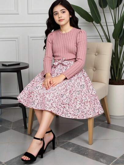 SHEIN 1pc Tween Girl Crew Neck Long Sleeve Rib Knit Fabric Floral Hem Patchwork Dress, Sweet And Lady-Like Style For Autumn,Holiday Summer Travel