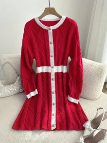 Firerie Vestido de Suéter de Manga Longa com Cintura Marcada Plus Size, Casual - Vermelho e Branco - Visão 5