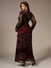 Auralis 女士秋冬新款天鹅绒提花镂空网眼浪漫约会度假长袖蕾丝长裙/褶饰紧身修身喇叭裙大码连衣裙/黑红深色优雅礼服 - 彩色 - 查看 3