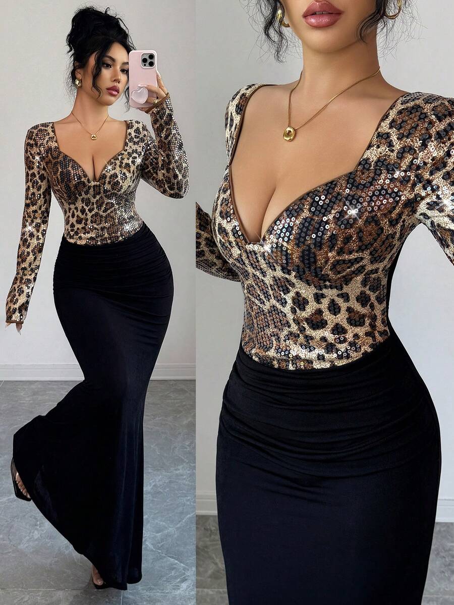 Elenzga Váy bodycon đuôi cá xếp ly họa tiết da báo thu đông dành cho nữ/Váy nữ/Váy dự tiệc/Váy dự tiệc cưới dành cho nữ - Nhiều màu - Xem 1