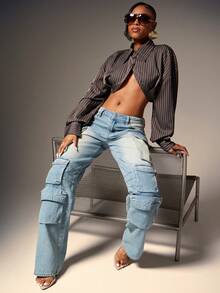 Denimoi Super Cropped Collared Button Front Striped Collared Top Fashionable Sexy Tops - Coffee Brown - View 5