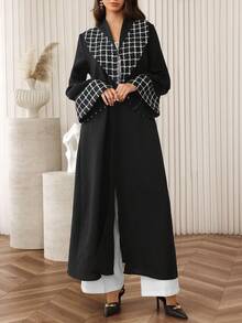 SHEIN Najma 女式V领格子蝙蝠袖阿拉伯长袍，秋冬款 - 黑色 - 查看 7