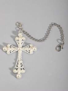 ROMWE Goth 1件复古哥特欧美嘻哈仿珍珠水钻十字鞋带鞋饰，前卫哥特夸张个性化鞋履配饰 - 銀色 - 查看 3