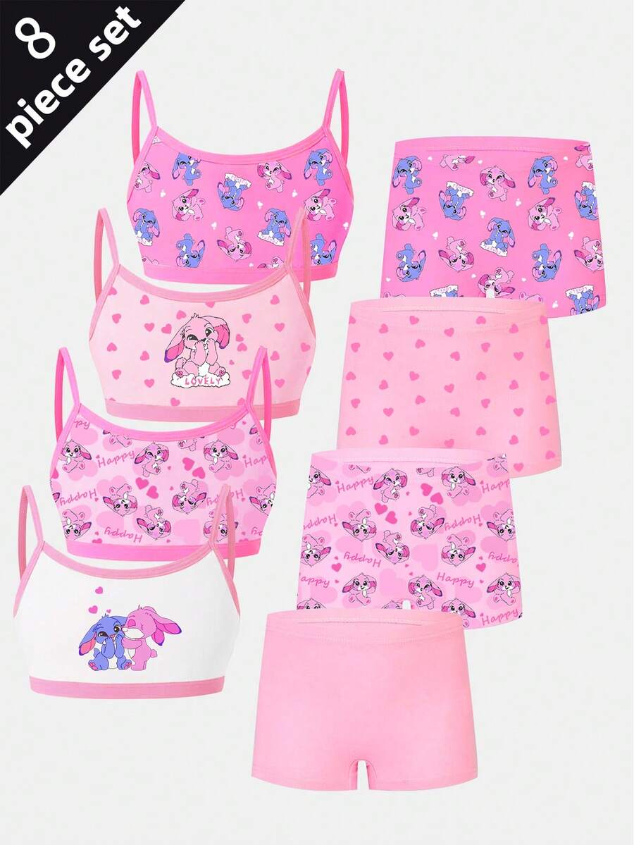 4pcs/Set Girls Kids Cute Rabbit Pattern Sweet Mori Style Camisole Underwear & Briefs Set Pink Sets Girls Sets Fall Winter - Multicolor - View 1