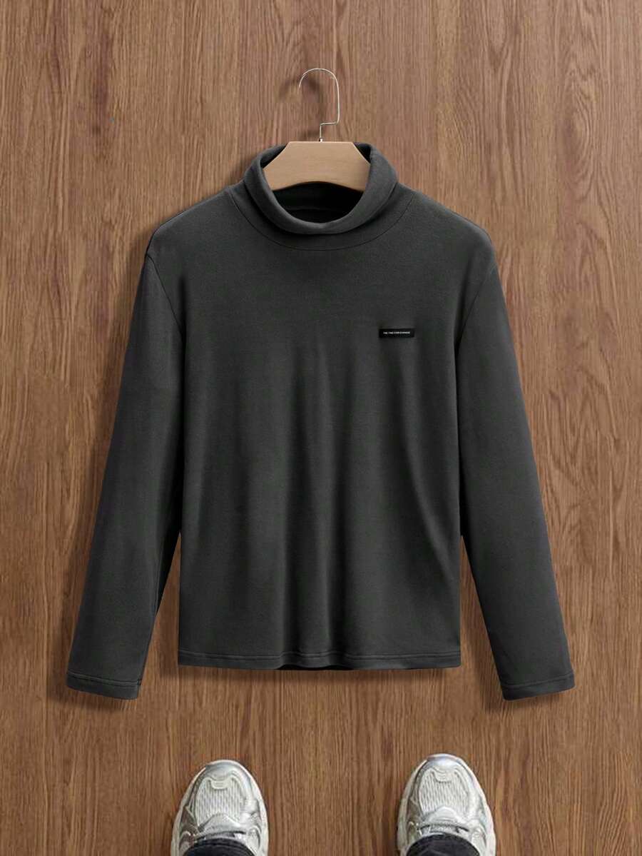 SWAVVY Men's Basic Ribbed Turtleneck Long Sleeve T-Shirt, Casual Everyday Wear,Stretchy - Dark Grey - View 1