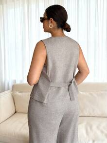 Dripcurv Plus Size Women's Grey Summer Smart Casual Office Suit Set,Single-Breasted Vest And Pants,Vintage Retro Commuter Style For Autumn/Winter Wear - Coffee Brown - View 2
