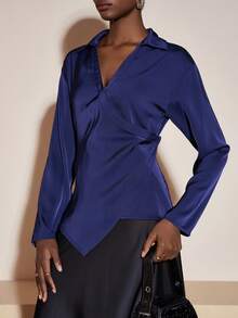 Zivah 2025 Autumn New Music Festival, Easter, Western, Nomadic, Birthday Party, Graduation Season, College Style, Student Wear, Daily Outings, Basic Versatile, Casual, Vacation, Cruise Travel, Daily Commute, Casual, High-End Elegant, Minimalist, Street Fashion, Minimalist Commute, Asymmetric Design, Asymmetric Hem, Military Green, Draped Design, V-Neck, Shirt Collar, Long Sleeve Women's Commuter Casual Asymmetric Deconstructed V-Neck Long Sleeve Shirt Blouse - Army Green - View 2