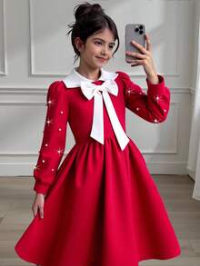 Tween Girl Red And White Elegant Patchwork Dress With Detachable Bow,Pearl Embellishment,Leg-Of-Mutton Sleeve Autumn Clothes Christmas Party Outfits - Red - View 8