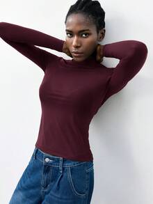 Maija 女士纯色立领长袖网眼修身上衣，百搭实用，适合都市通勤、商务休闲、圣诞节、新年派对、婚礼宾客等场合，可作外套穿着。 - 酒紅色 - 查看 7