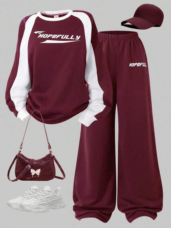 2pcs/Set Teenage Girls' Sporty Casual Outfit, Colorblock Round Neck Long Sleeve Letter Print Sweatshirt And Wide Leg Pants