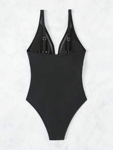 Swim Basics Summer Beach One Piece Mesh Contrast Swimsuit - Black - View 2