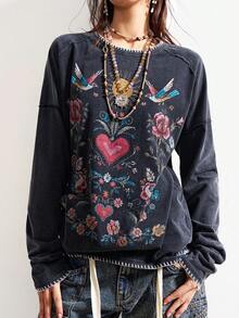 Bohemela Kaos Liburan Kasual Motif Bunga & Burung Ukuran Besar - Hitam - View 5