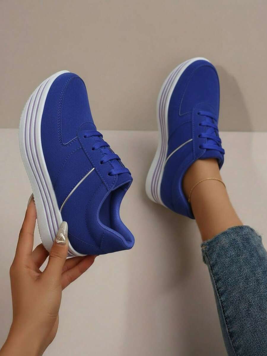 Zapatillas casuales para mujer, plataforma cómoda, punta redonda, cordones clásicos, estilo minimalista, uso diario, zapatos de moda - azul real - Ver 1