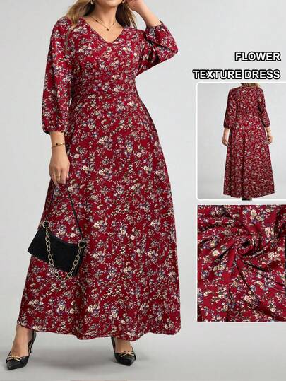 Comfylo Plus Size Elegant Ditsy Floral Dress, Suitable For Commuting