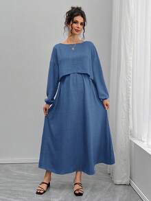 Momance 2pcs Maternity Set: Loose Boat Neck Long Sleeve Top And A-Line Waist Drawstring Skirt - Blue - View 3