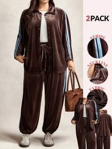 Comfylo Damen Große Größen Einfarbiger Langarm Cardigan Sweatshirt & Hose mit Verjüngtem Bein; Samt Hemdkragen Reißverschluss Cardigan + Lose Samt Tunnelzugbund Hose, Lässig, Ausgehend und Elegant Stil, mit kontrastierendem blauem Webband an der Seite, Zweiteiler. Damen Große Größen Lässig Zweiteiler: Brauner Samt Oberteil und Braune Hose; Modischer Brauner Zweiteiler - Braun - Übersicht 5