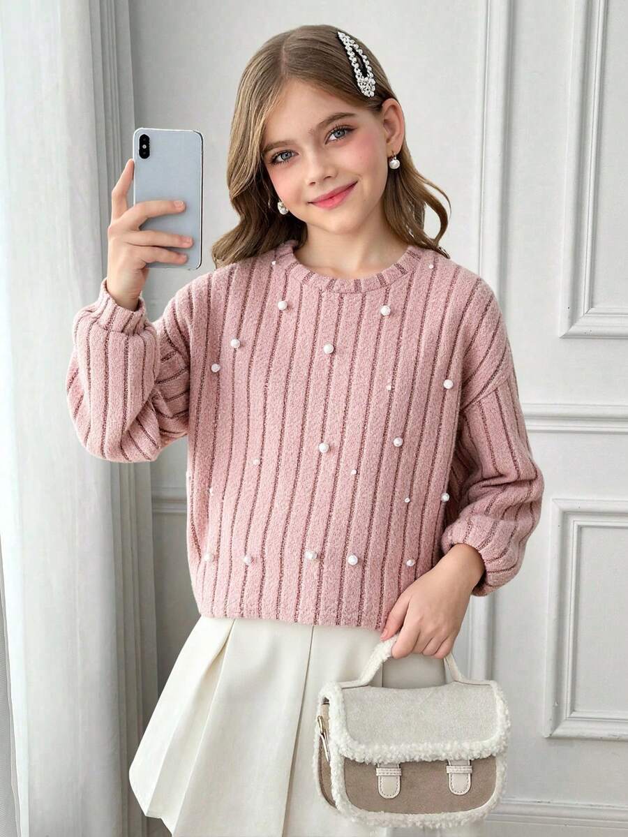 SHEIN 青少年女孩针织毛绒罗纹铆钉圆领宽松休闲长袖 T 恤 - 粉色 - 查看 1