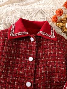 2pcs Young Girl Autumn New 2025 Set, Red Sleeveless Teardrop Collar Ruffle Hem Dress & Lapel Collar Cardigan Elegant Vintage Fashion Versatile Outfit - Red - View 5