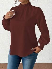 Vionelle 大码纯色按扣领休闲长袖纹理衬衫泡泡袖女式衬衫优雅白色女式衬衫白色 - 鏽棕色 - 查看 5