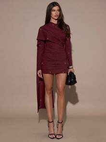 SHEIN BAE 优雅酒红色亮面拼接迷你连衣裙 - 酒紅色 - 查看 3