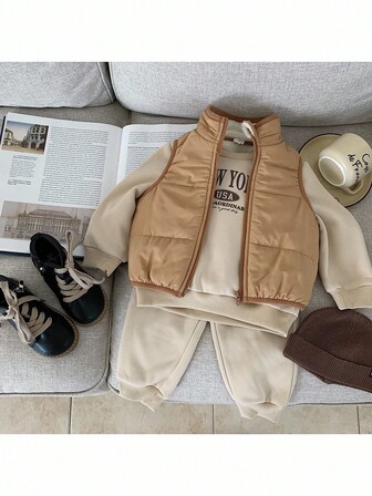 3pcs Baby Boy Knitted Solid Color Letter Graphic Crew Neck Sweatshirt + Woven Vest + Pants Set