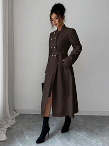 Elenzga 女士优雅通勤工作大衣，秋冬新款，简约双排扣设计，大地色系棕色收腰长袖中长款大衣 - 棕色 - 查看 3