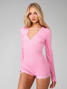 MISSGUIDED Ribbed Knit V Neck Long Sleeve Romper With Button Detail And Lace Trim For Lounge - Pink - View 4
