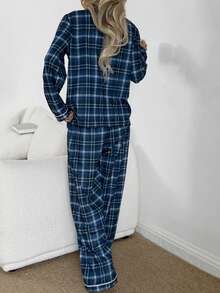 SHEIN Bộ đồ ngủ nữ kiểu dáng thường ngày, có cúc cài, họa tiết kẻ caro, thích hợp mặc mùa đông. - Màu xanh hải quân - Xem 2