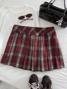 SHEIN EZwear 圣诞节红色格子迷你裙，休闲大码节日派对 - 紅色 - 查看 8
