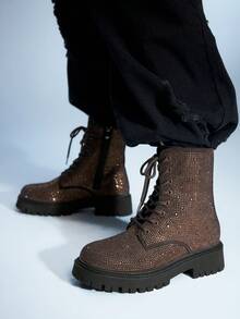 Sugerpunk Women's Rhinestone Embellished Casual Fashion Short Boots For Christmas - Brown - View 8