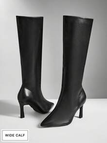 SHUZIA Women's Wide-Calf Sexy Point Toe Comfortable Zip-On Stiletto Heel Faux Suede Mid-Calf Boots For Christmas - Black - View 3