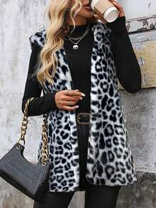 SHEIN Clasi Women's Front Open Hooded Leopard Print Faux Fur Vest - Grey - View 7