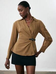 Aveloria Modichic Chemise à manches longues vintage, col cranté, décorative  synthétique, mode minimaliste élégante, ceinturant la taille - Kaki - Voir 1