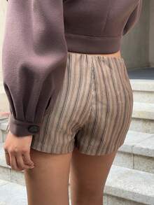 SHEIN EZwear Women Corduroy Striped Print Tie-Up Super Shorts, Winter - Brown - View 2