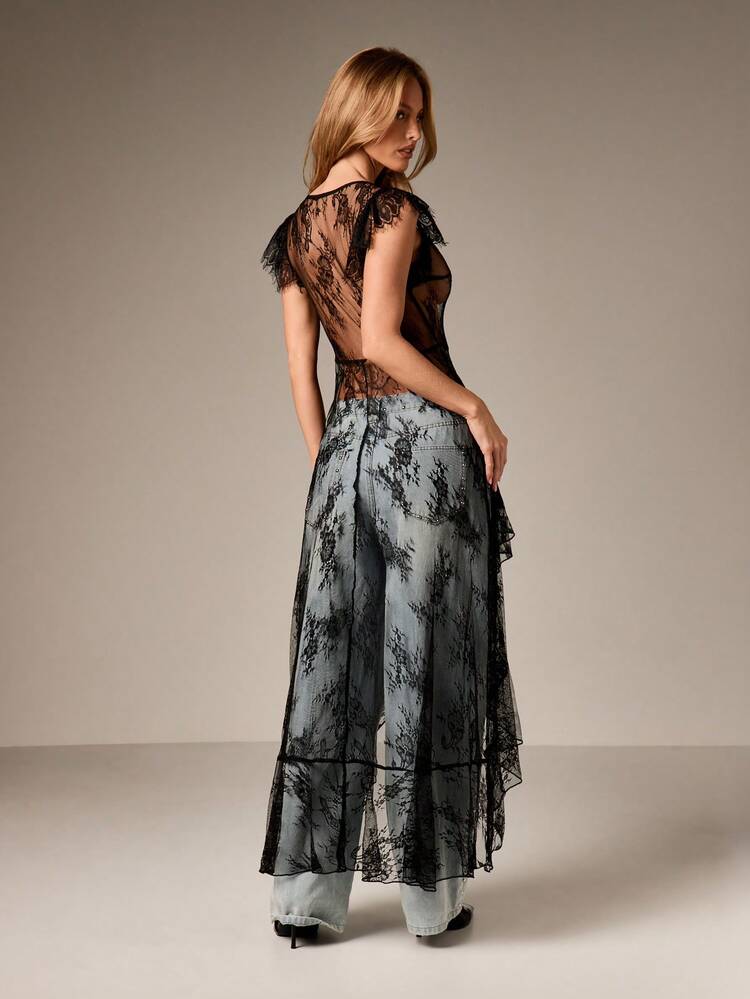 Lace Mesh Midi Dress With Ruffle Hem