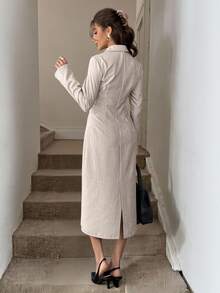 SHEIN LUNE Váy midi dài tay tối giản màu trơn dành cho nữ, mặc hàng ngày - Màu Khaki - Xem 4
