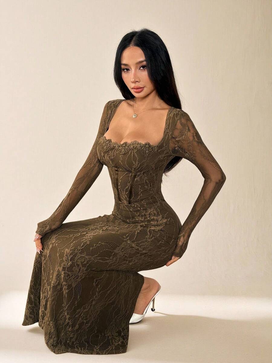 SHEIN PETITE 女式新款夏季派对约会晚会性感S型蕾丝长袖胸罩鱼骨方领紧身黑色长裙 - 綠色 - 查看 1