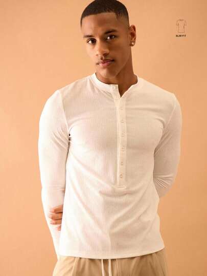 Musero Men Button Placket Long Sleeve Rib Top Autumn Streetstyle Layering Casual