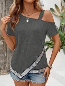 SHEIN LUNE Women's Fashion Sequin Patchwork Strap T-Shirt, Summer - Grey - View 4