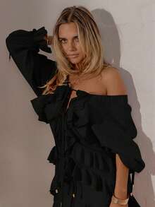 SHEIN Aralina-E Váy mini xếp tầng nhún bèo mùa đông, trang phục hẹn hò, váy mùa thu cho nữ, quần áo mùa thu, váy sinh nhật cho nữ, váy đi chơi - màu đen - Xem 5