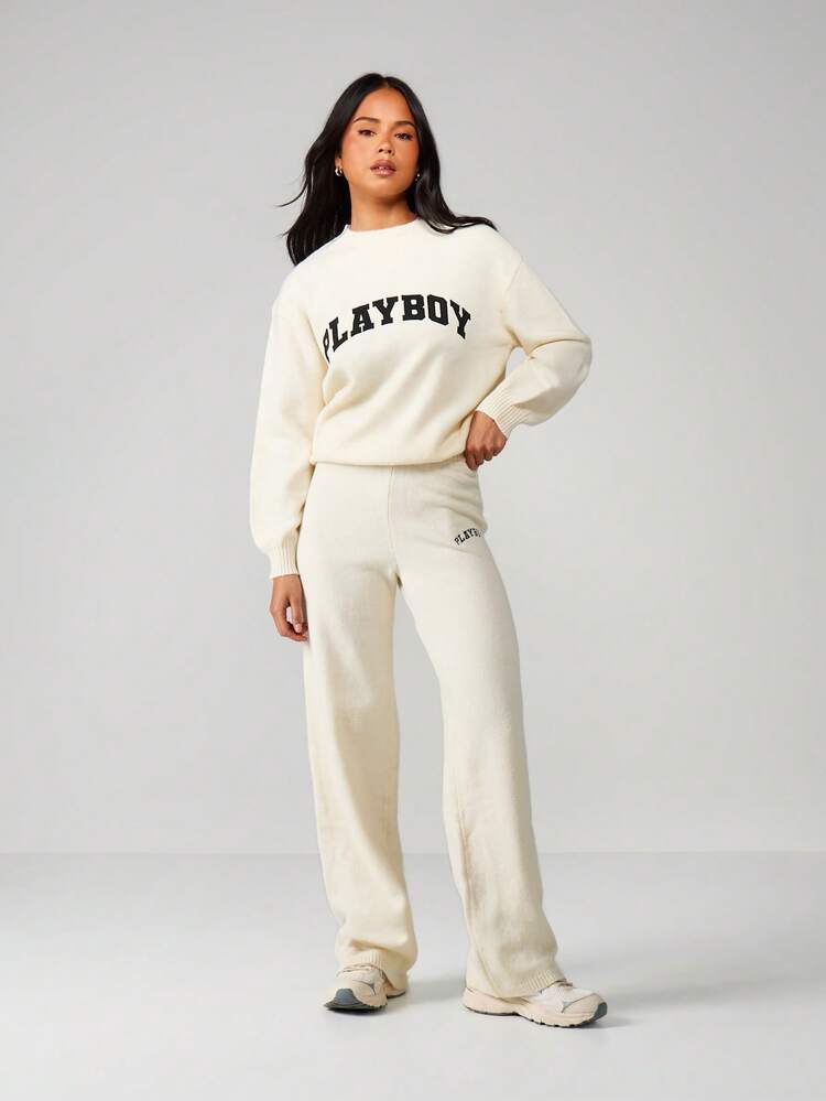 Missguided x Playboy Knitted Co Ord Set Long Sleeve Crew Neck Sweater Wide Leg Trouser Matching Outfit Casual Winter Loungewear