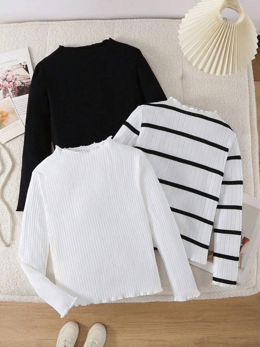 SHEIN 3件套少女休闲百搭条纹纯色黑白罗纹荷叶边高领T恤 - 黑與白 - 查看 1